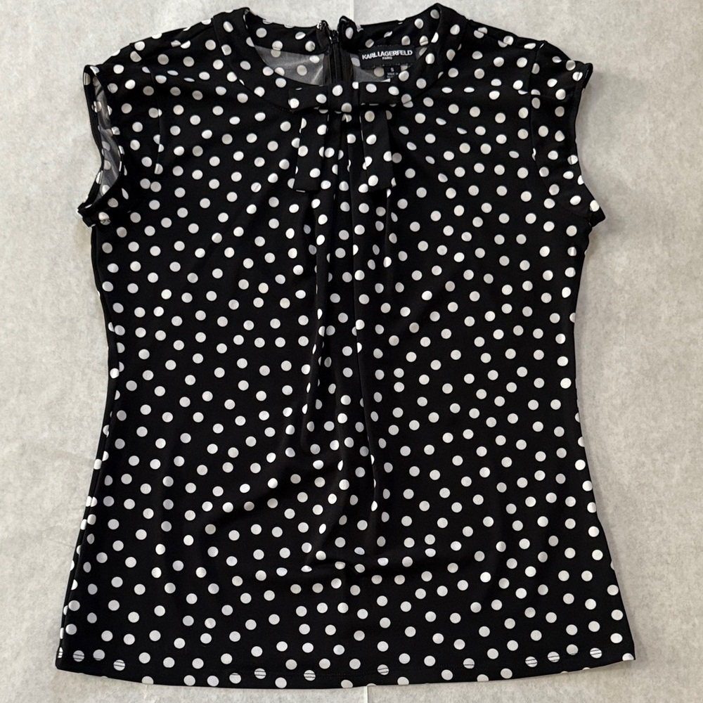 Karl Lagerfeld Paris black and white polka dot cap sleeve top blouse bow front - Picture 2 of 6